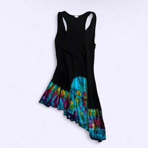 Vintage Tie Dye Asymmetric Hem Flowy Dress Black Multicolor S M